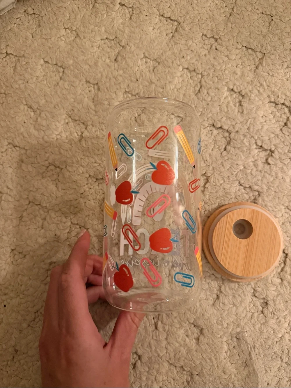 Colorful Teacher-Themed Glass Tumbler with Straw